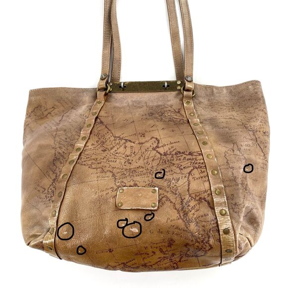 Patricia Nash Benvenuto Tote Signature Map Brown Leather Antique Brass Hardware - Picture 8 of 14